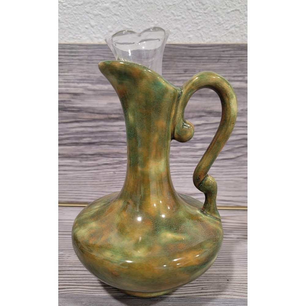 Flower Vase Hand Made studio Pottery Mossy green blues handle signed 7in